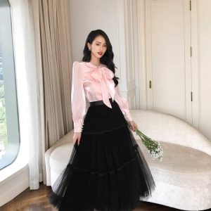 Light pink satin bow blouse