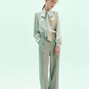 Mint green satin bow shirt