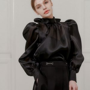 Black turtleneck puff sleeve satin shirt