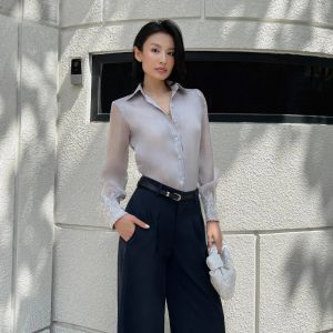 Silver tulle lace cuff shirt